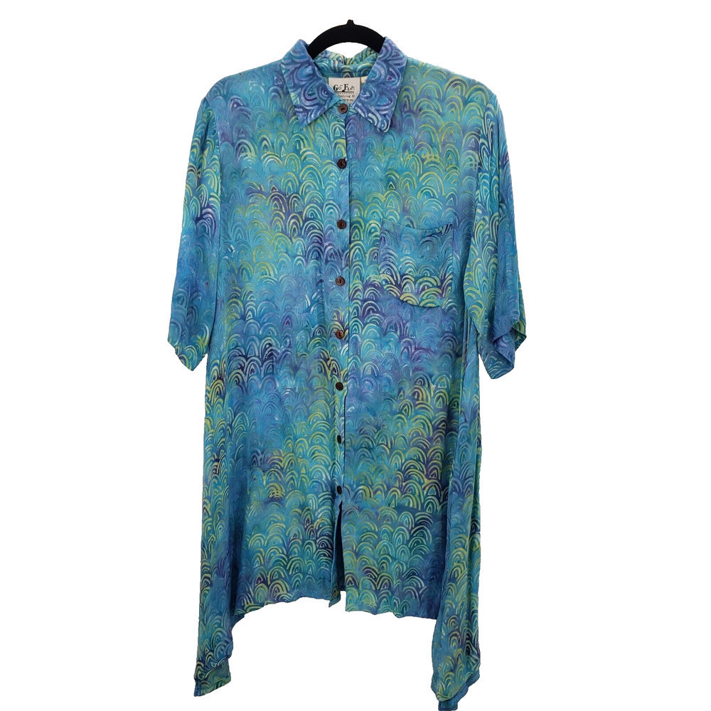 Go Fish Shark Bite Tunic Dress Womens Medium Handmade Rayon Short Sleeve Print